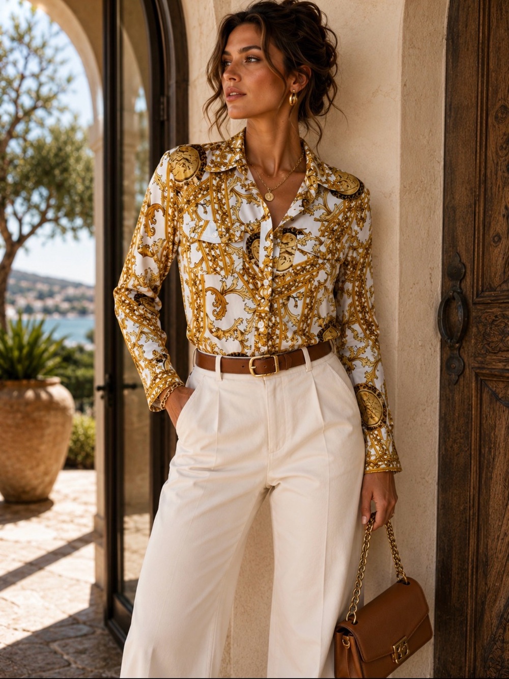 TIMING Baroque Medallion Print Button Down Blouse Gold White Size Large